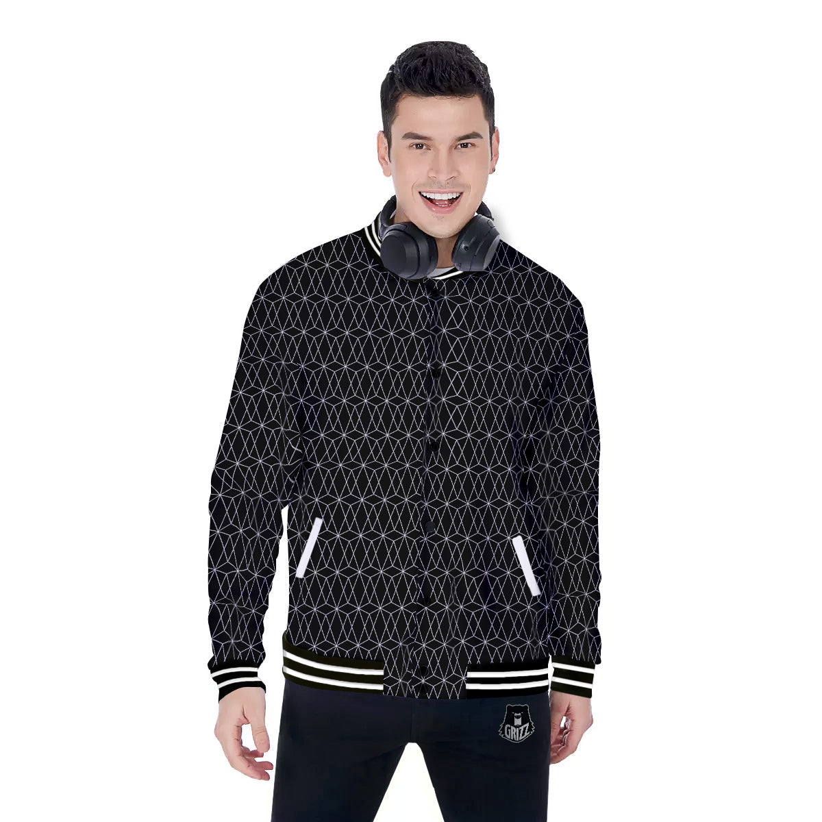 Geometric Black Polygonal Print Baseball Jacket-grizzshop