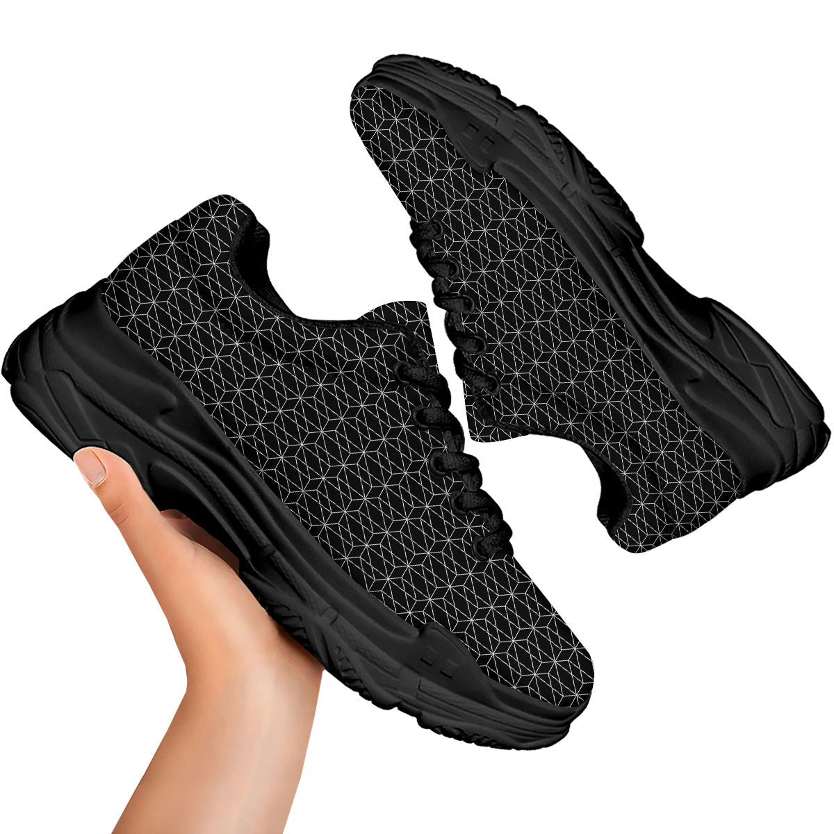 Geometric Black Polygonal Print Black Chunky Shoes-grizzshop