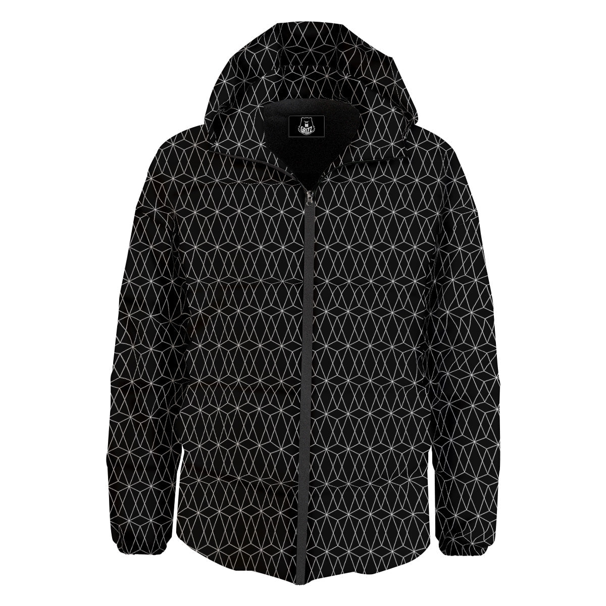 Geometric Black Polygonal Print Down Jacket-grizzshop