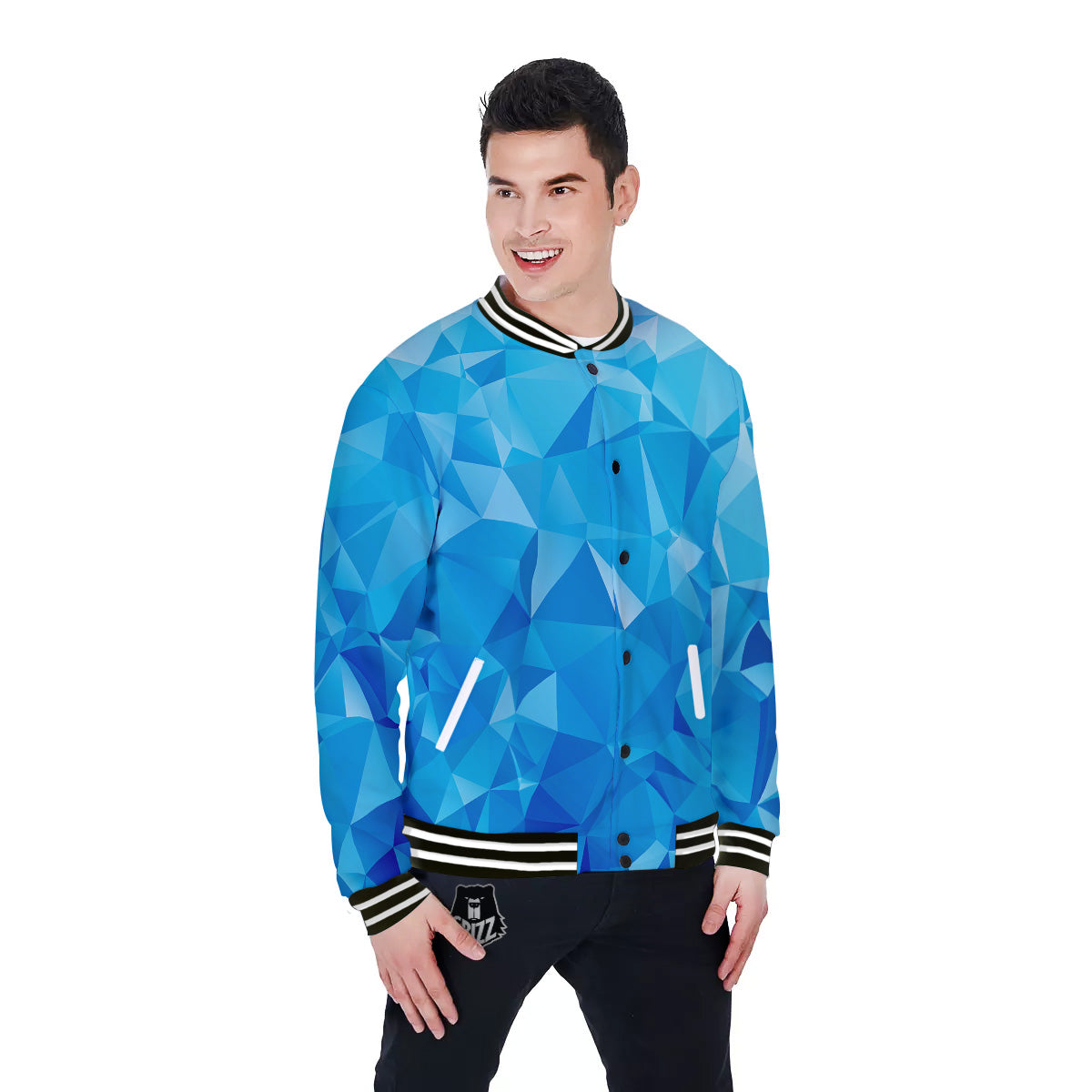 Geometric Blue Polygonal Print Baseball Jacket-grizzshop