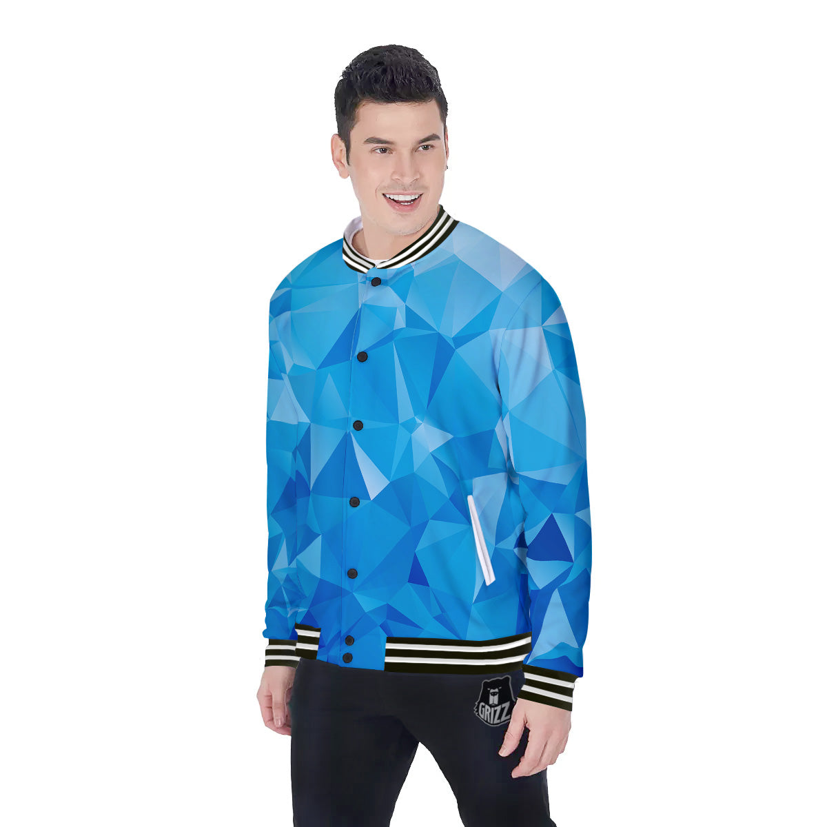 Geometric Blue Polygonal Print Baseball Jacket-grizzshop