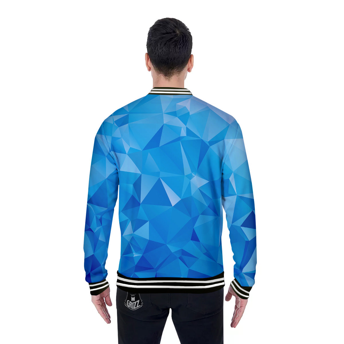Geometric Blue Polygonal Print Baseball Jacket-grizzshop