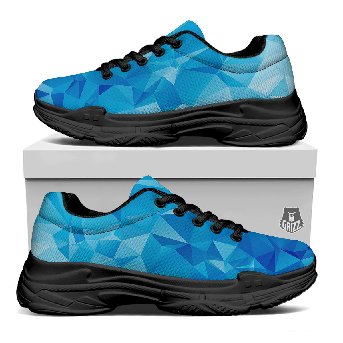 Geometric Blue Polygonal Print Black Chunky Shoes-grizzshop