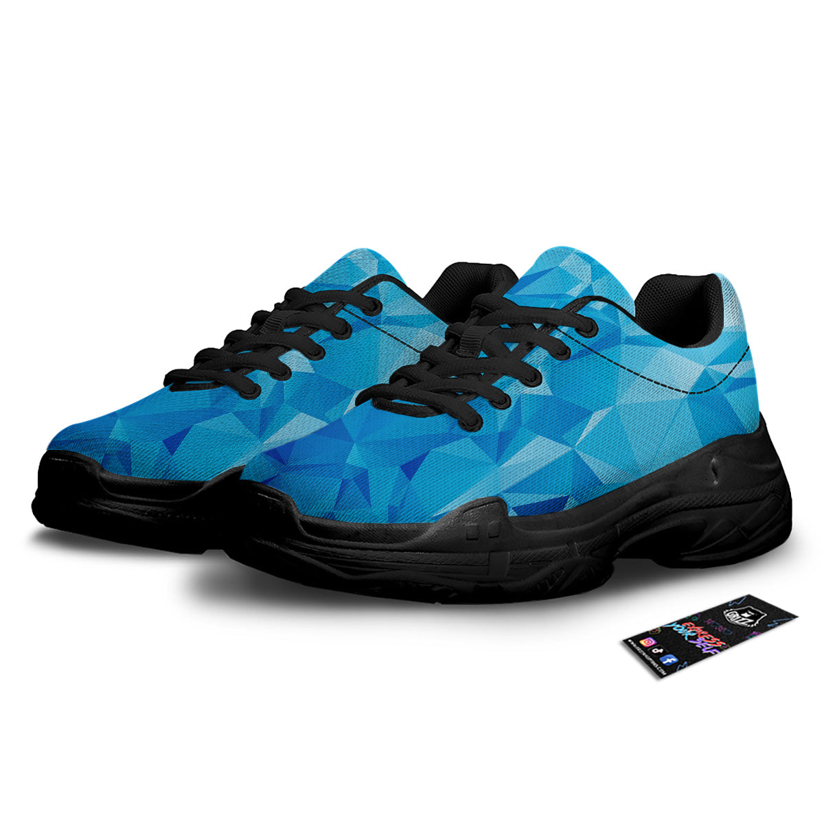 Geometric Blue Polygonal Print Black Chunky Shoes-grizzshop