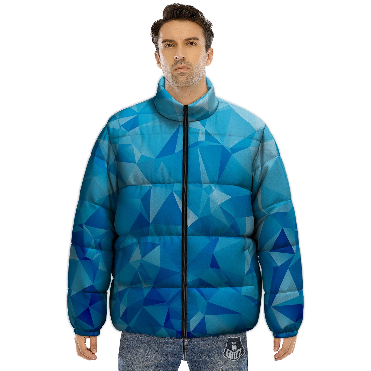 Geometric Blue Polygonal Print Puffer Jacket-grizzshop