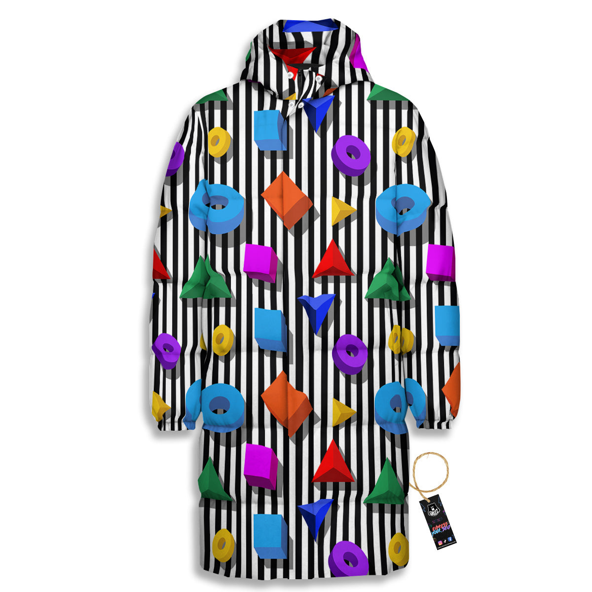 Geometric Colorful Striped Print Pattern Long Down Jacket-grizzshop