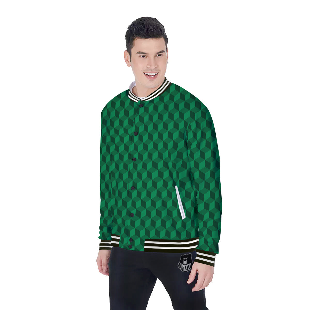 Geometric Cube Dark Green Print Pattern Baseball Jacket-grizzshop