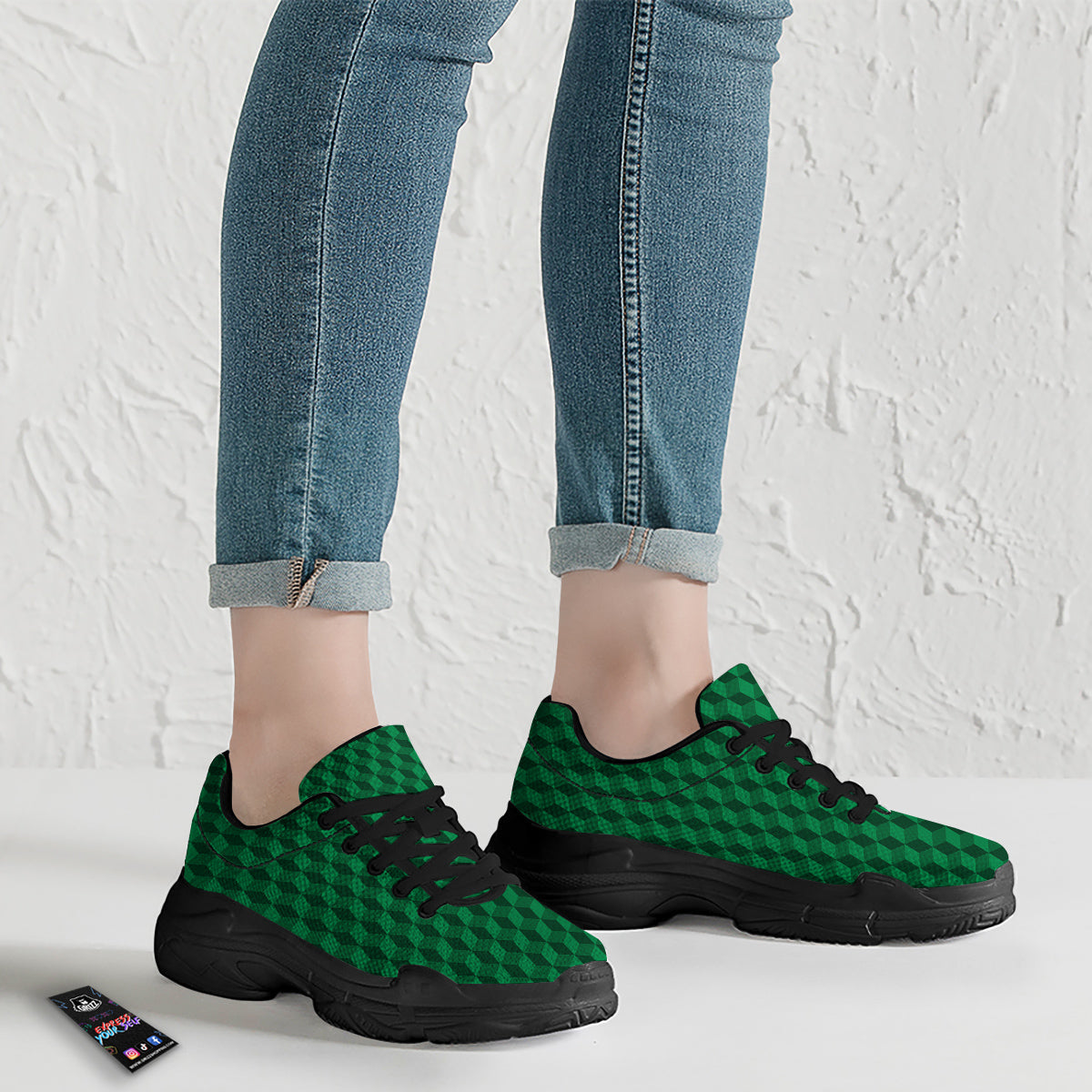 Geometric Cube Dark Green Print Pattern Black Chunky Shoes-grizzshop