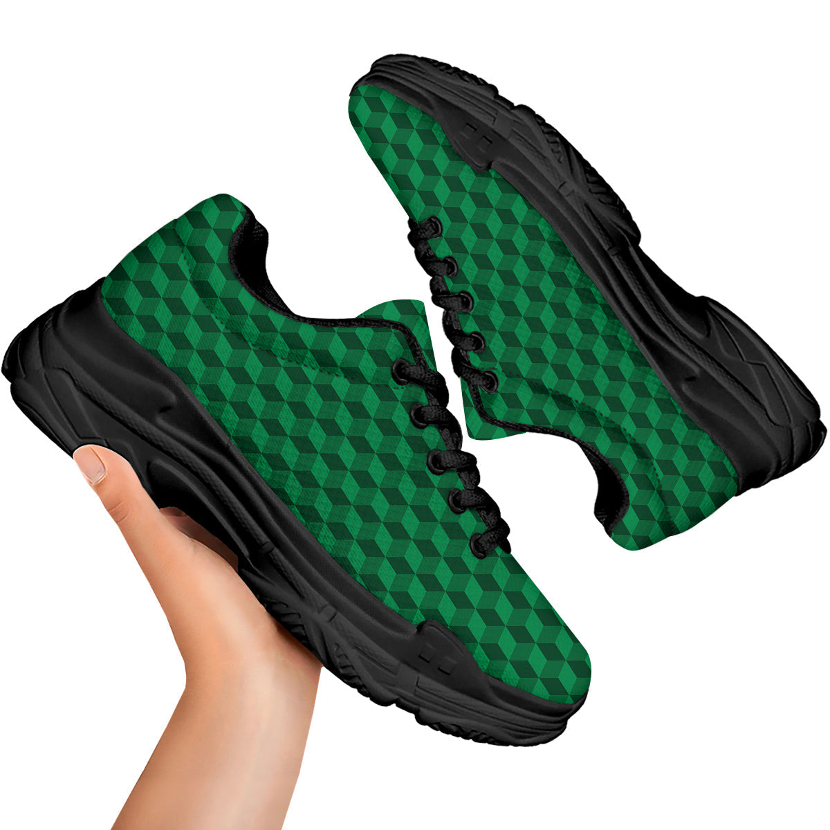 Geometric Cube Dark Green Print Pattern Black Chunky Shoes-grizzshop