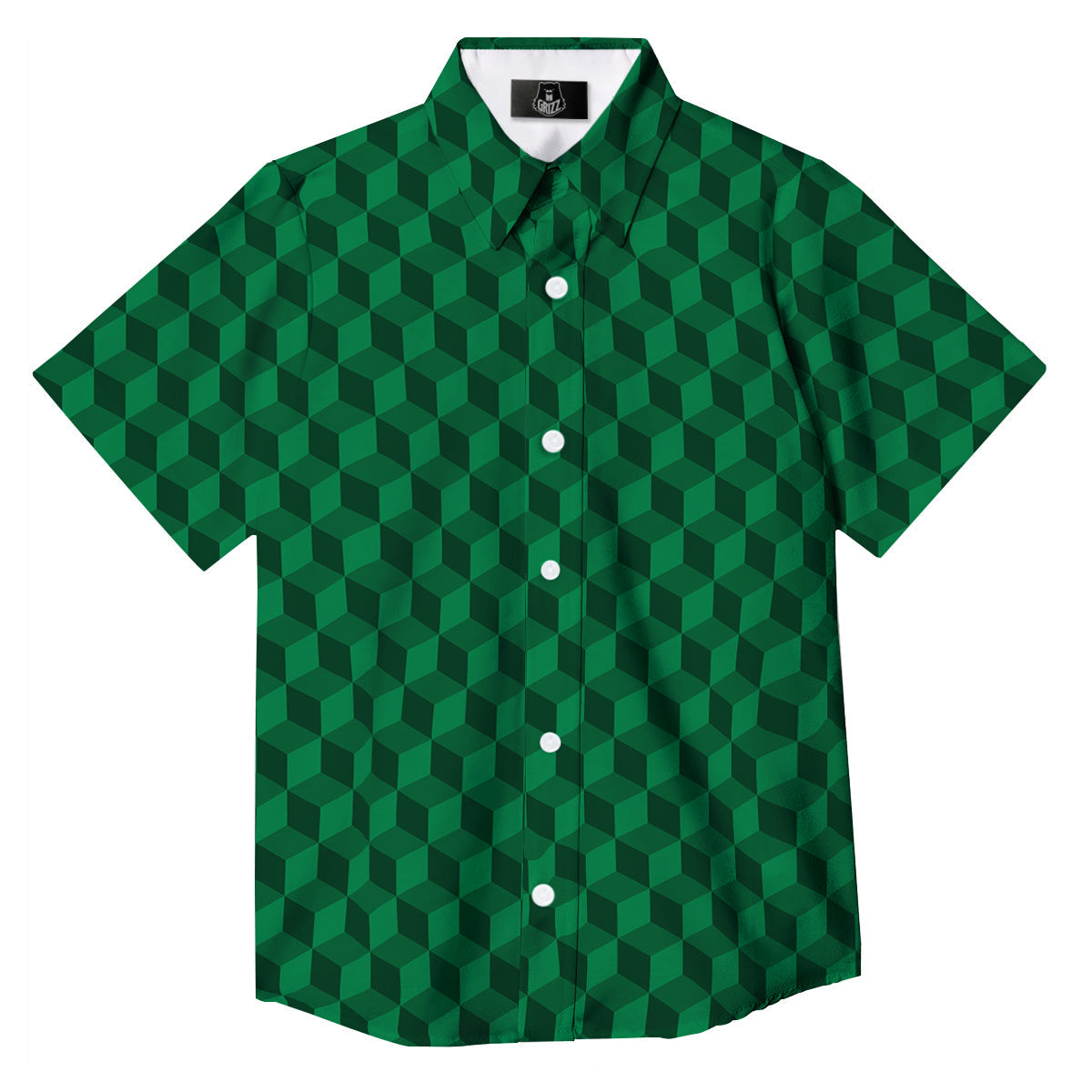 Geometric Cube Dark Green Print Pattern Button Up Shirt-grizzshop