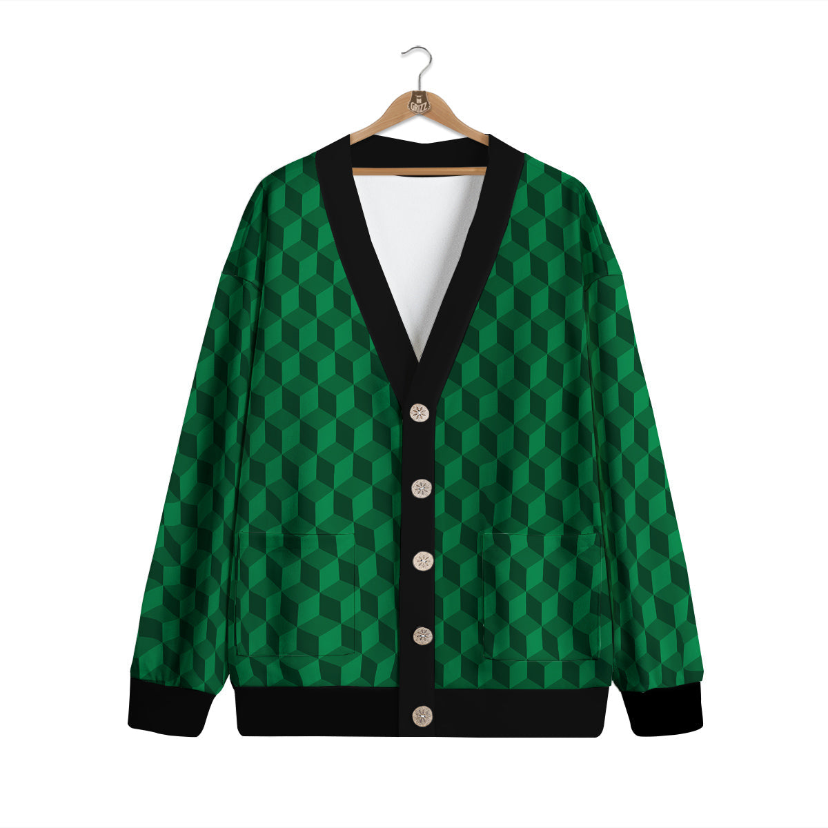 Geometric Cube Dark Green Print Pattern Cardigan-grizzshop