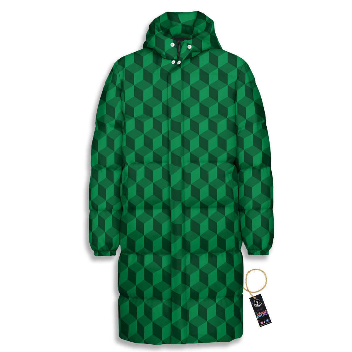 Geometric Cube Dark Green Print Pattern Long Down Jacket-grizzshop