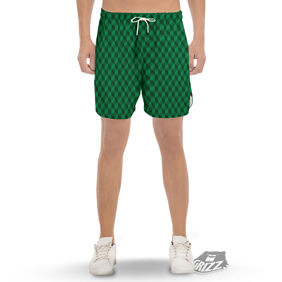 Geometric Cube Dark Green Print Pattern Men's Gym Shorts-grizzshop