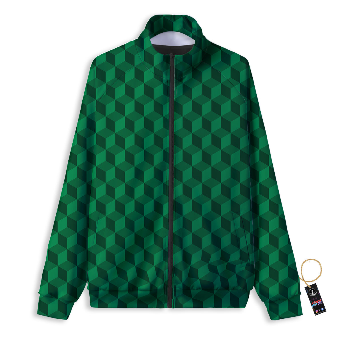 Geometric Cube Dark Green Print Pattern Track Jacket-grizzshop