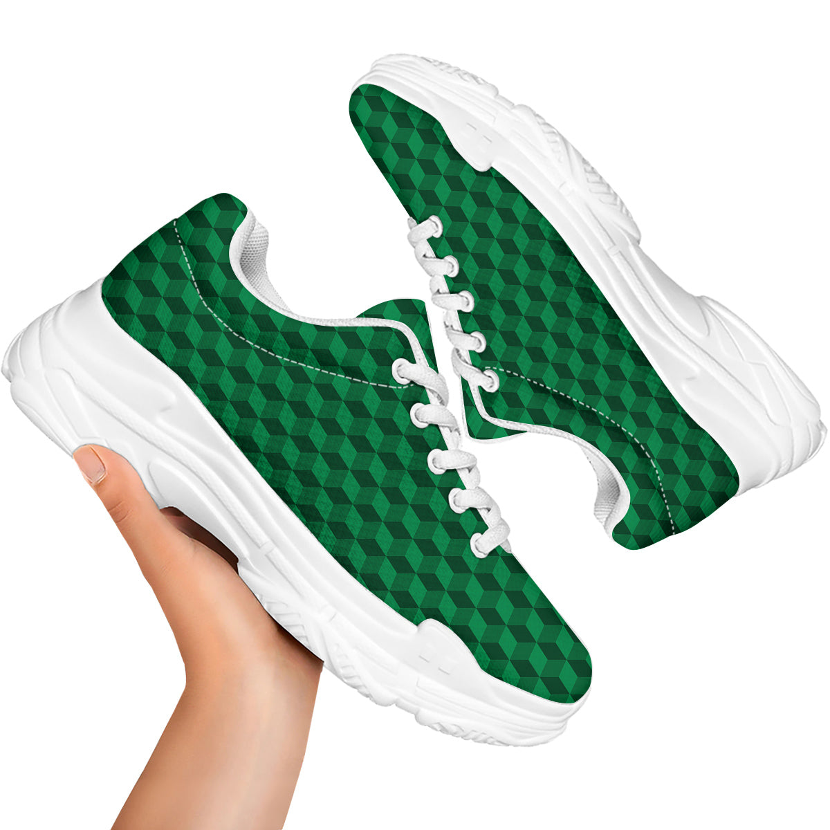 Geometric Cube Dark Green Print Pattern White Chunky Shoes-grizzshop