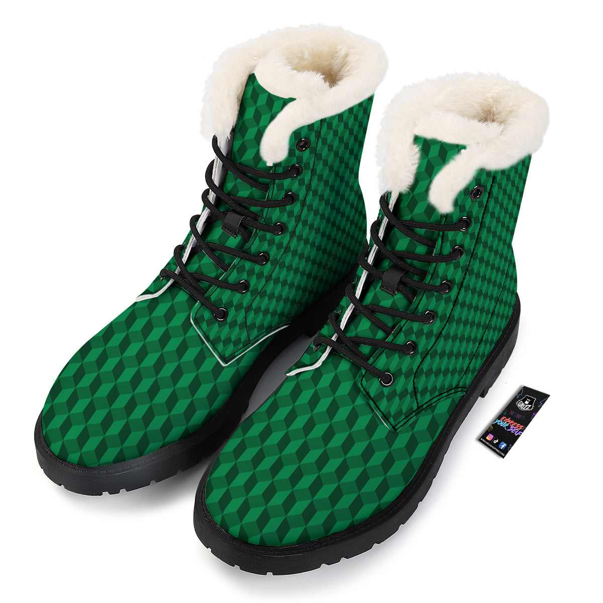 Geometric Cube Dark Green Print Pattern Winter Boots-grizzshop