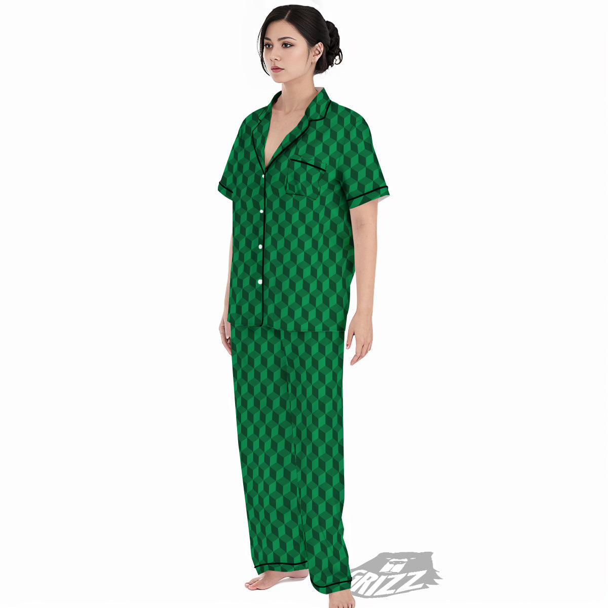 Geometric Cube Dark Green Print Pattern Women's Pajamas Set-grizzshop