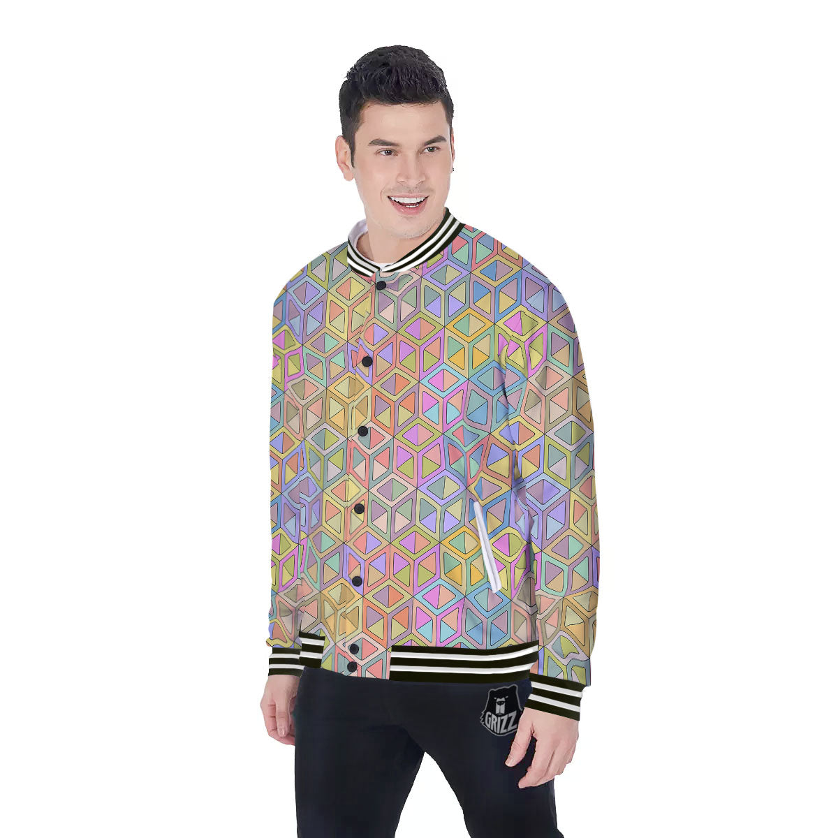 Geometric Cubic Pastel Print Baseball Jacket-grizzshop