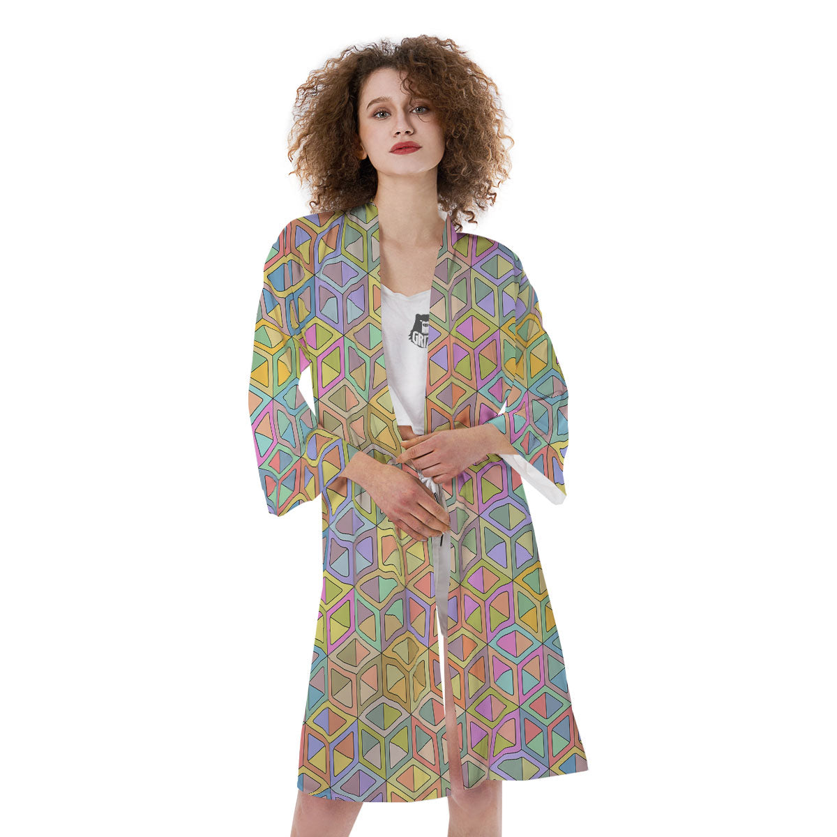 Geometric Cubic Pastel Print Kimono-grizzshop