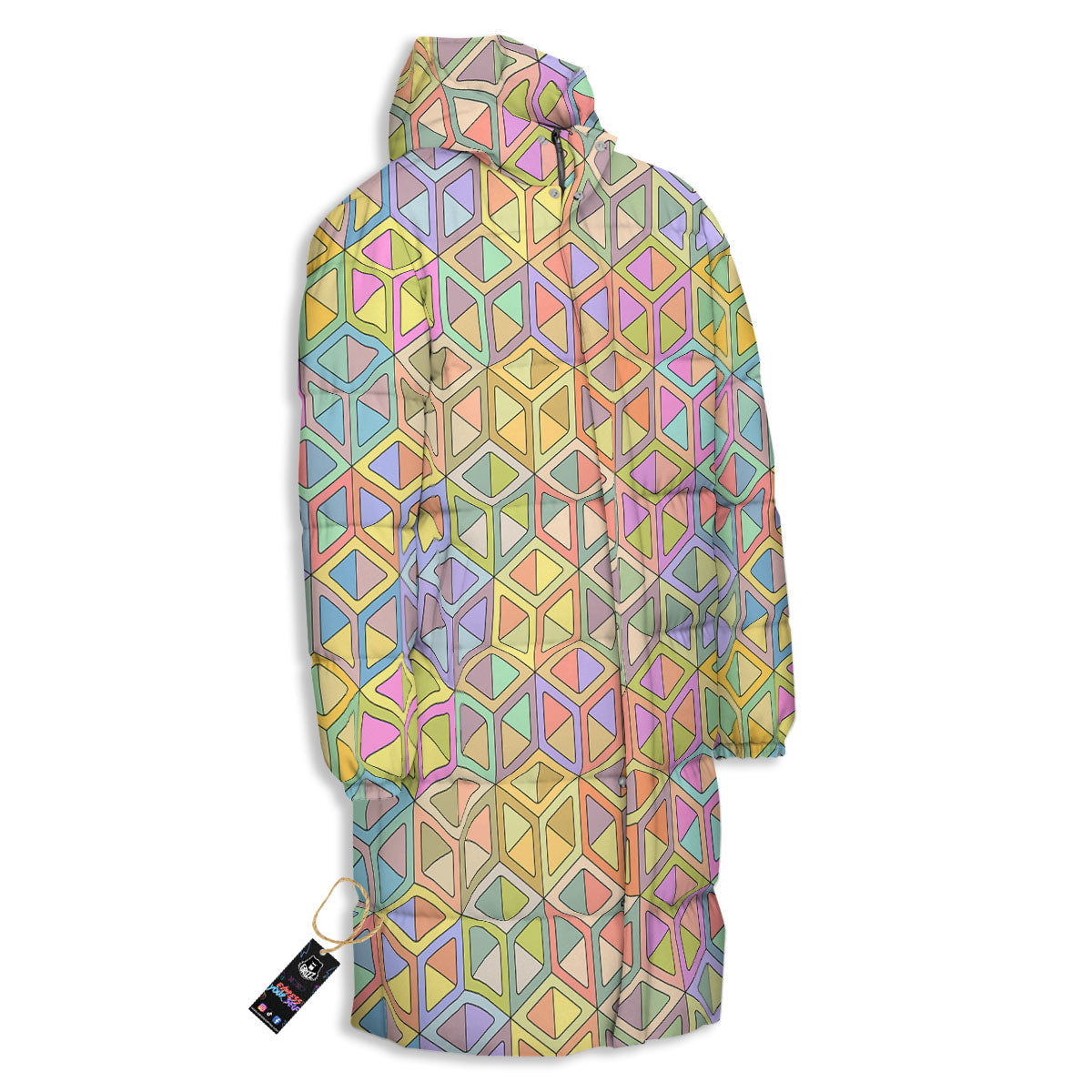 Geometric Cubic Pastel Print Long Down Jacket-grizzshop