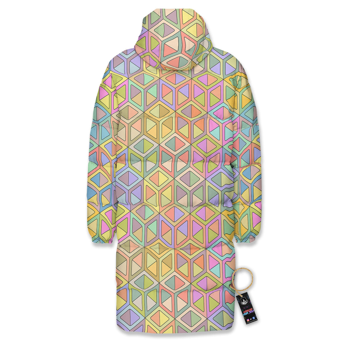 Geometric Cubic Pastel Print Long Down Jacket-grizzshop