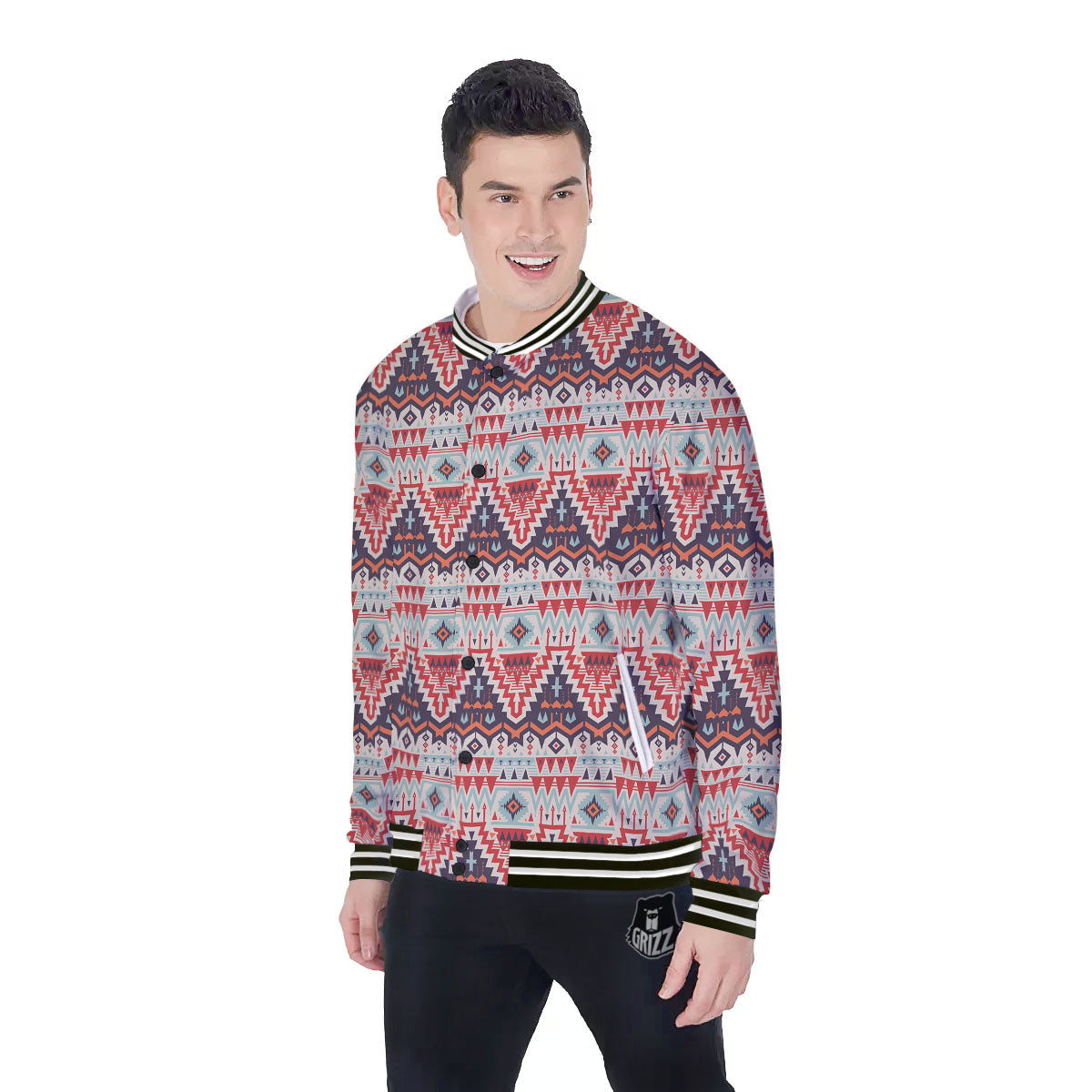 Geometric Ethnic Aztec Print Pattern Baseball Jacket-grizzshop