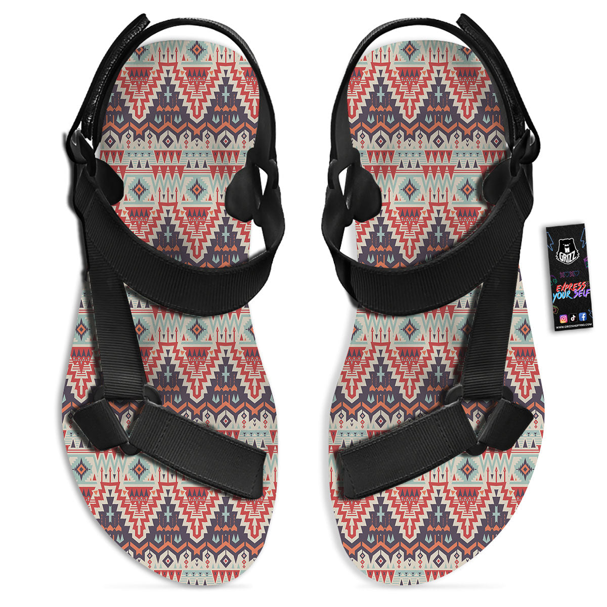 Geometric Ethnic Aztec Print Pattern Black Open Toe Sandals-grizzshop