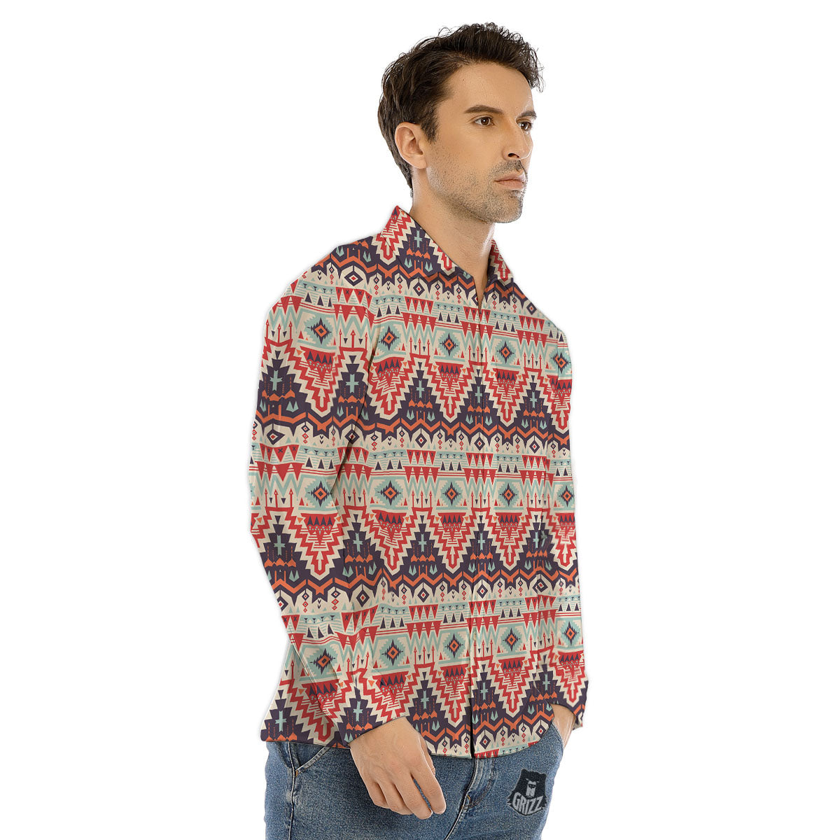 Geometric Ethnic Aztec Print Pattern Men's Dress Shirts-grizzshop