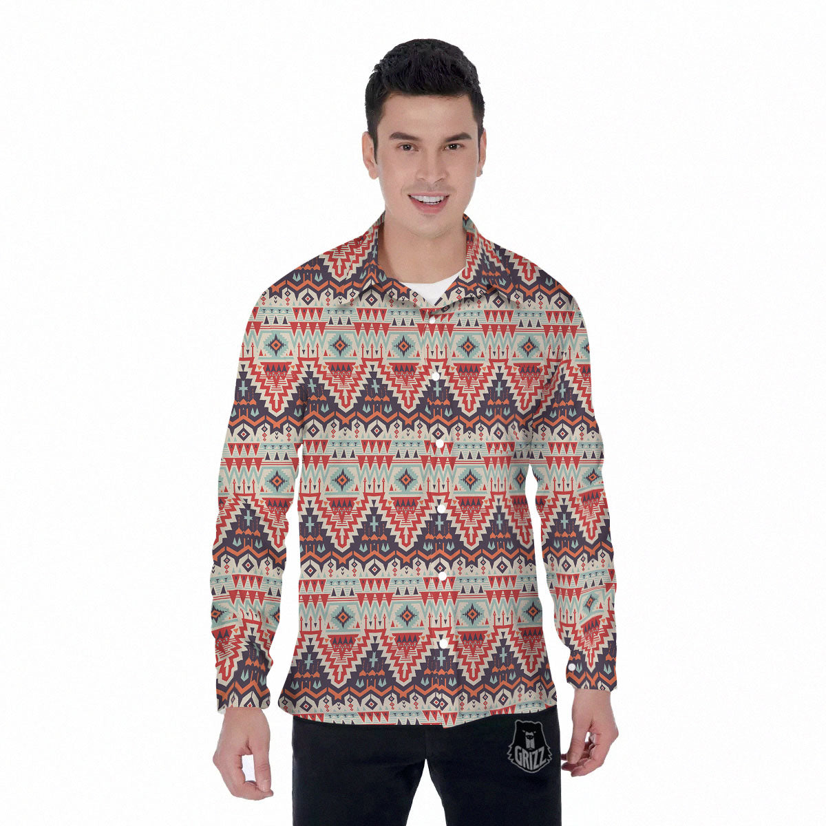 Geometric Ethnic Aztec Print Pattern Men's Long Sleeve Shirts-grizzshop
