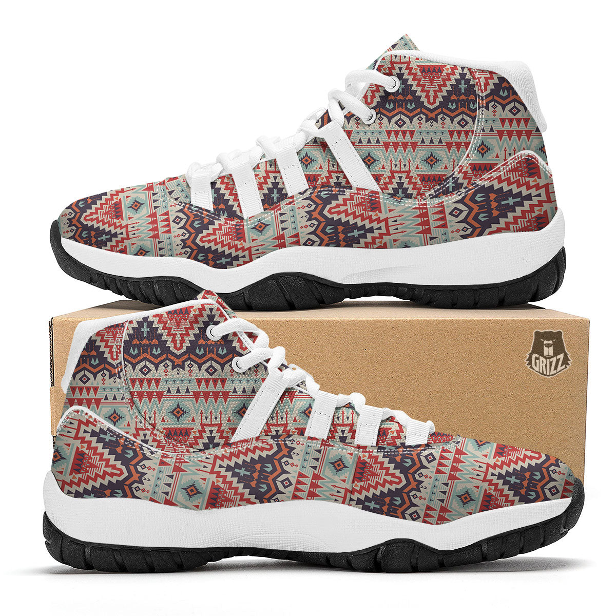 Geometric Ethnic Aztec Print Pattern White Bball Shoes-grizzshop