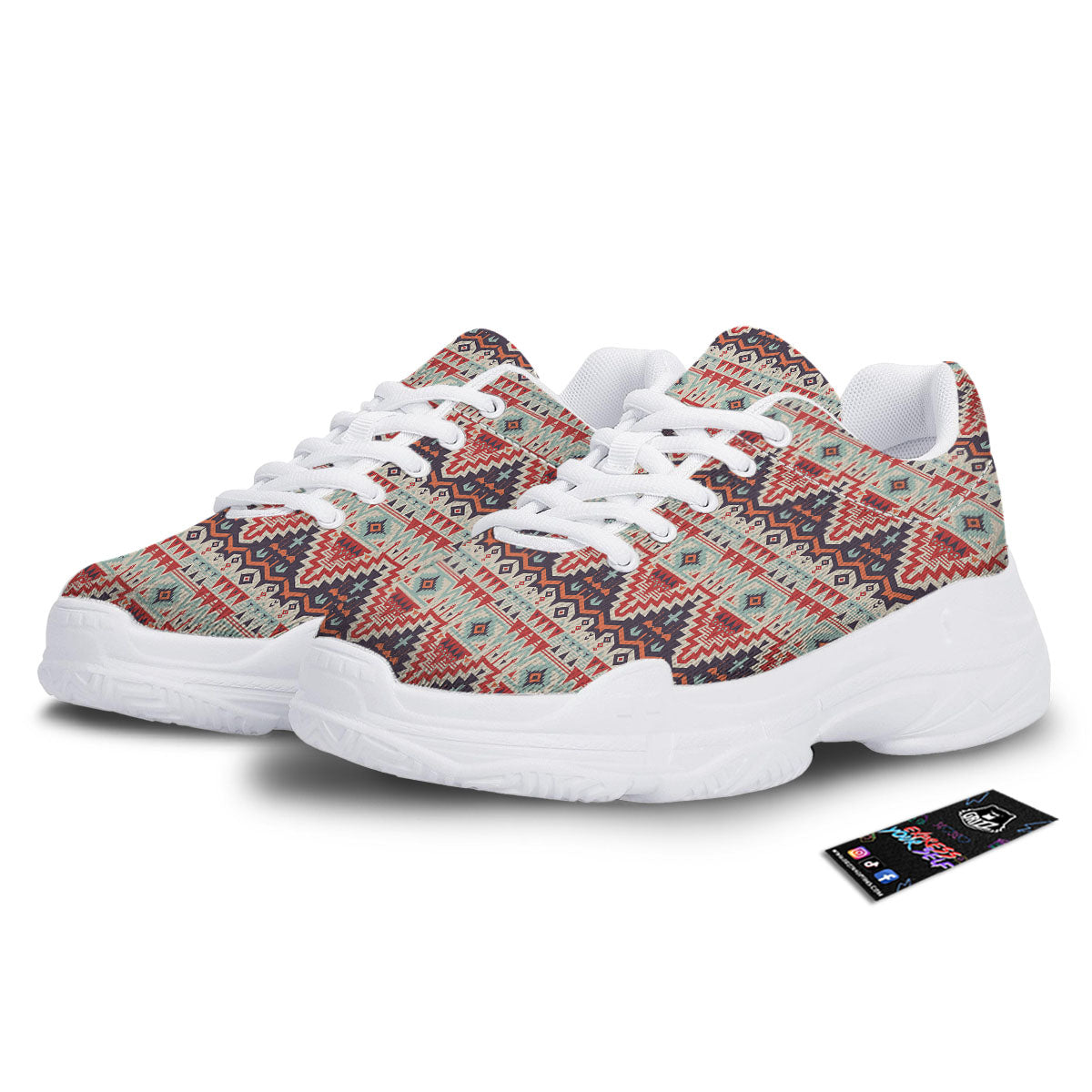 Geometric Ethnic Aztec Print Pattern White Chunky Shoes-grizzshop