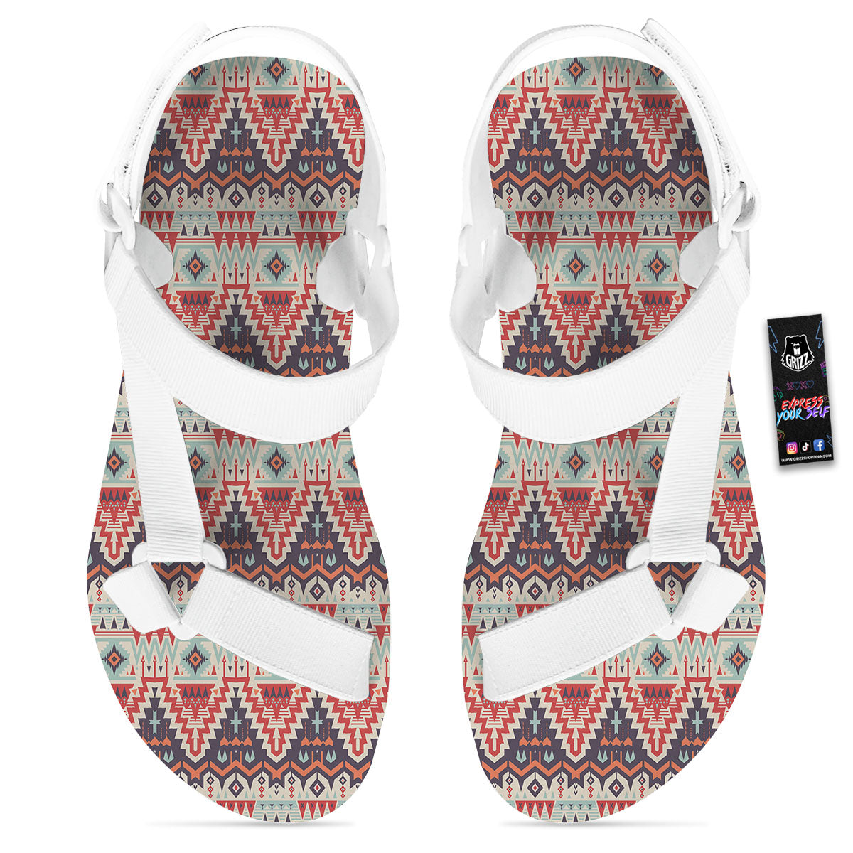 Geometric Ethnic Aztec Print Pattern White Open Toe Sandals-grizzshop