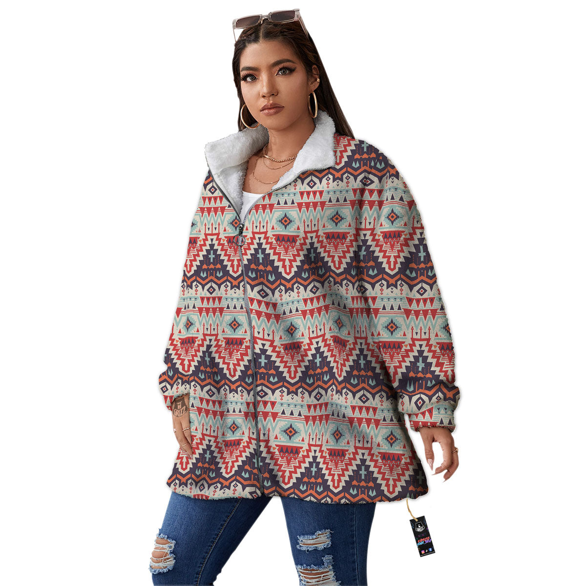 Geometric Ethnic Aztec Print Pattern Women's Sherpa Jacket-grizzshop