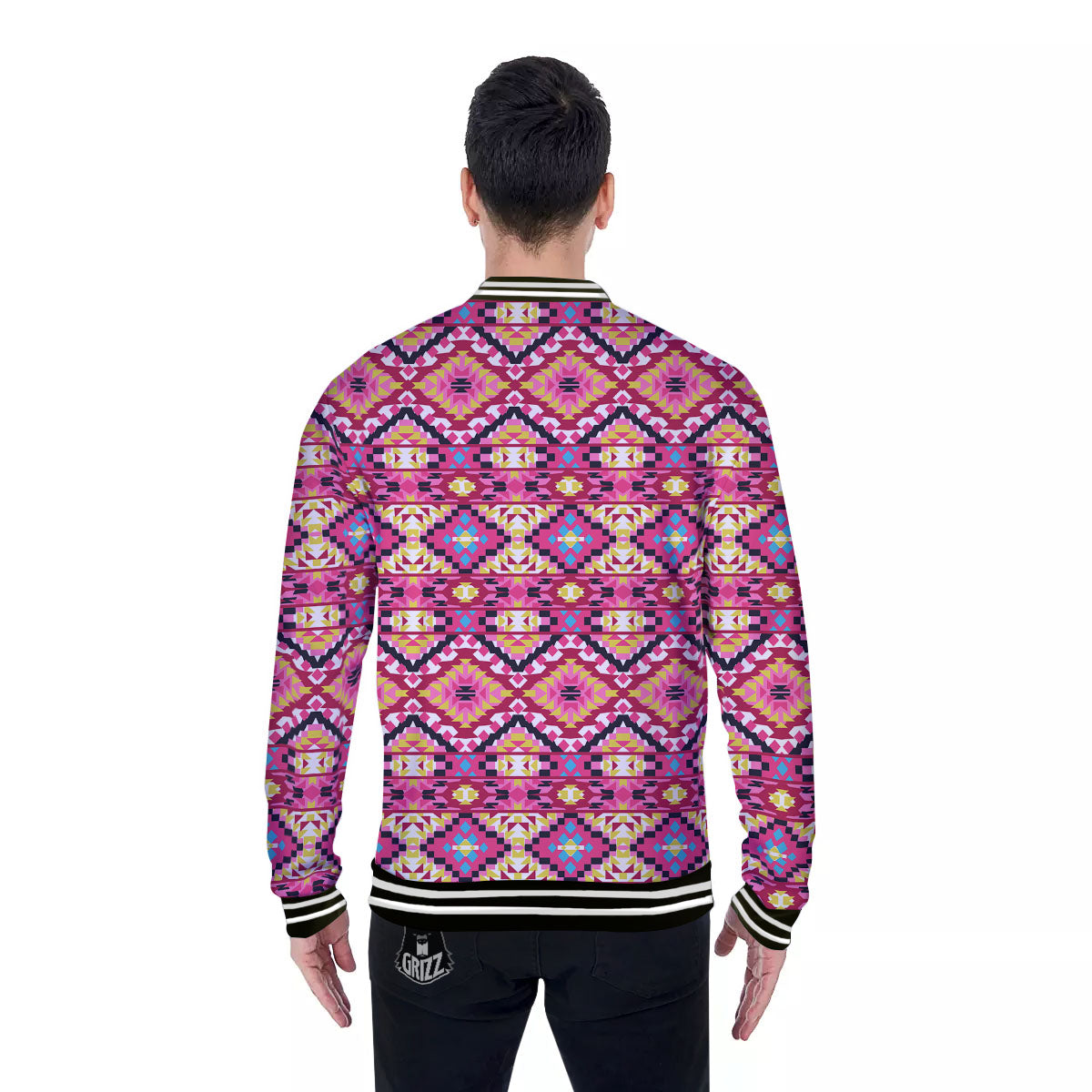 Geometric Ethnic Pink Aztec Print Pattern Baseball Jacket-grizzshop