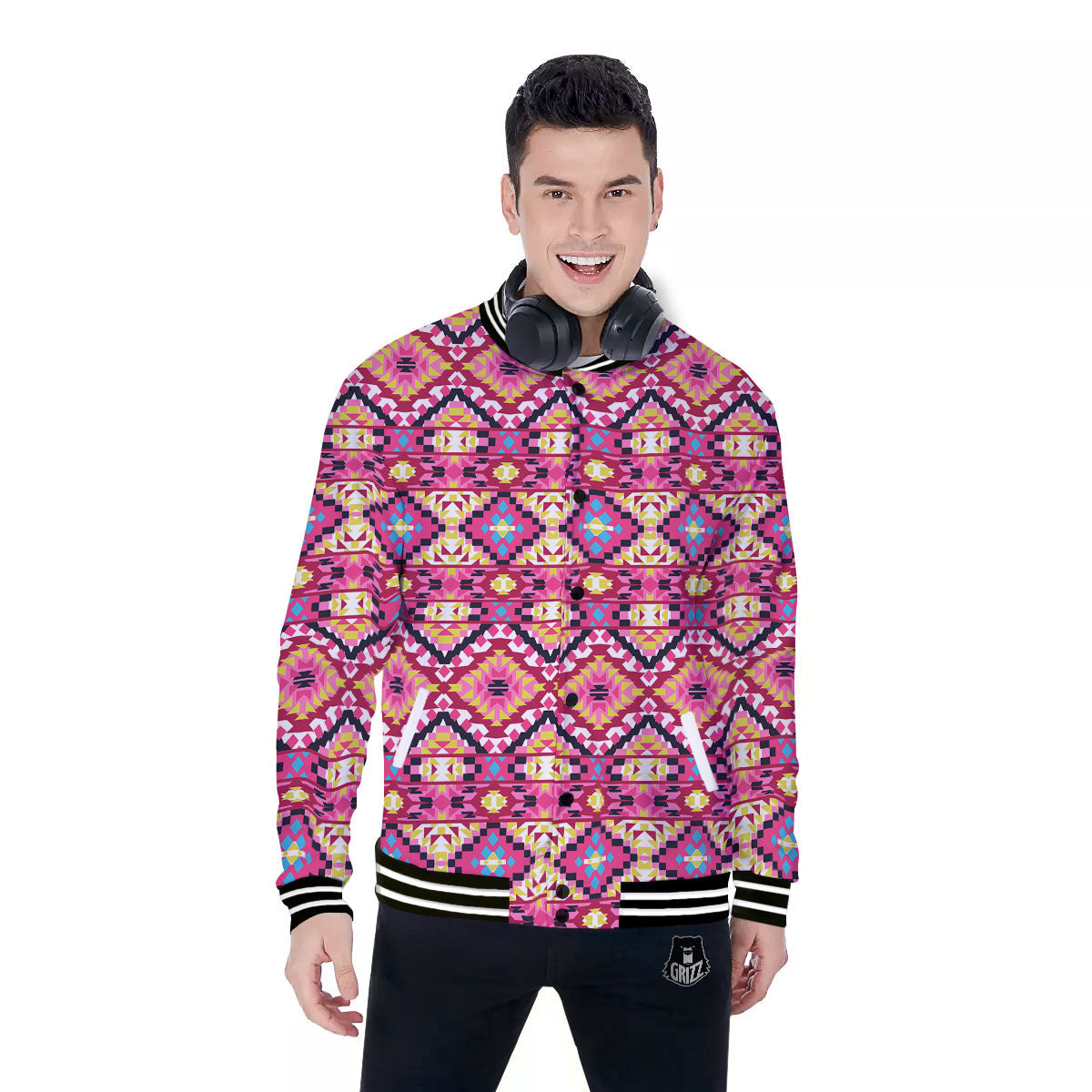 Geometric Ethnic Pink Aztec Print Pattern Baseball Jacket-grizzshop