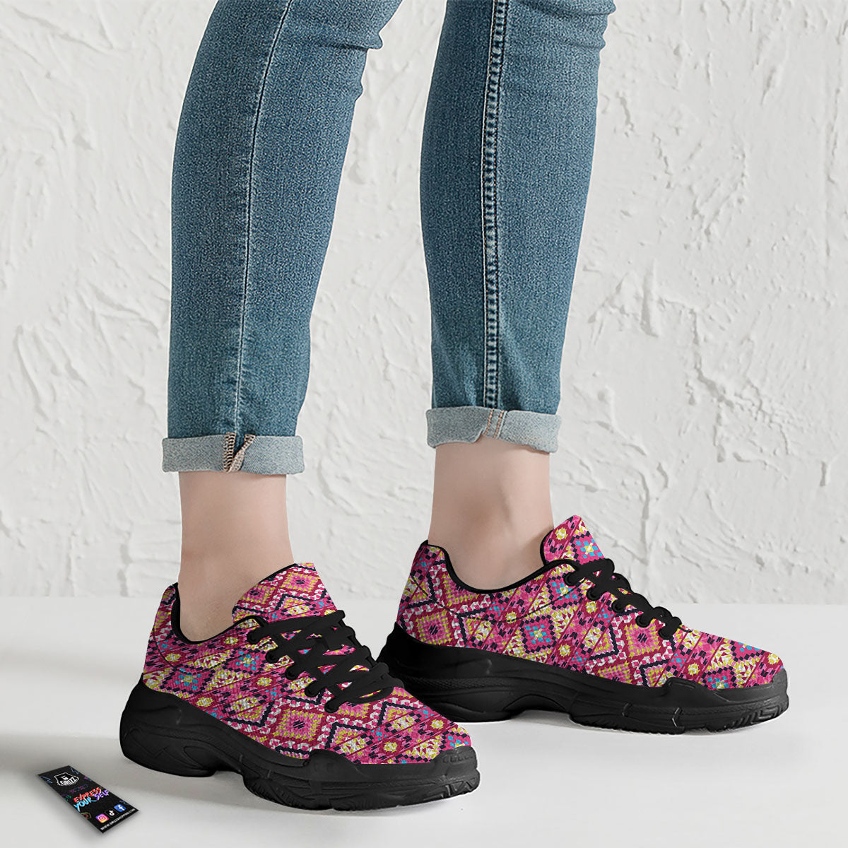 Geometric Ethnic Pink Aztec Print Pattern Black Chunky Shoes-grizzshop