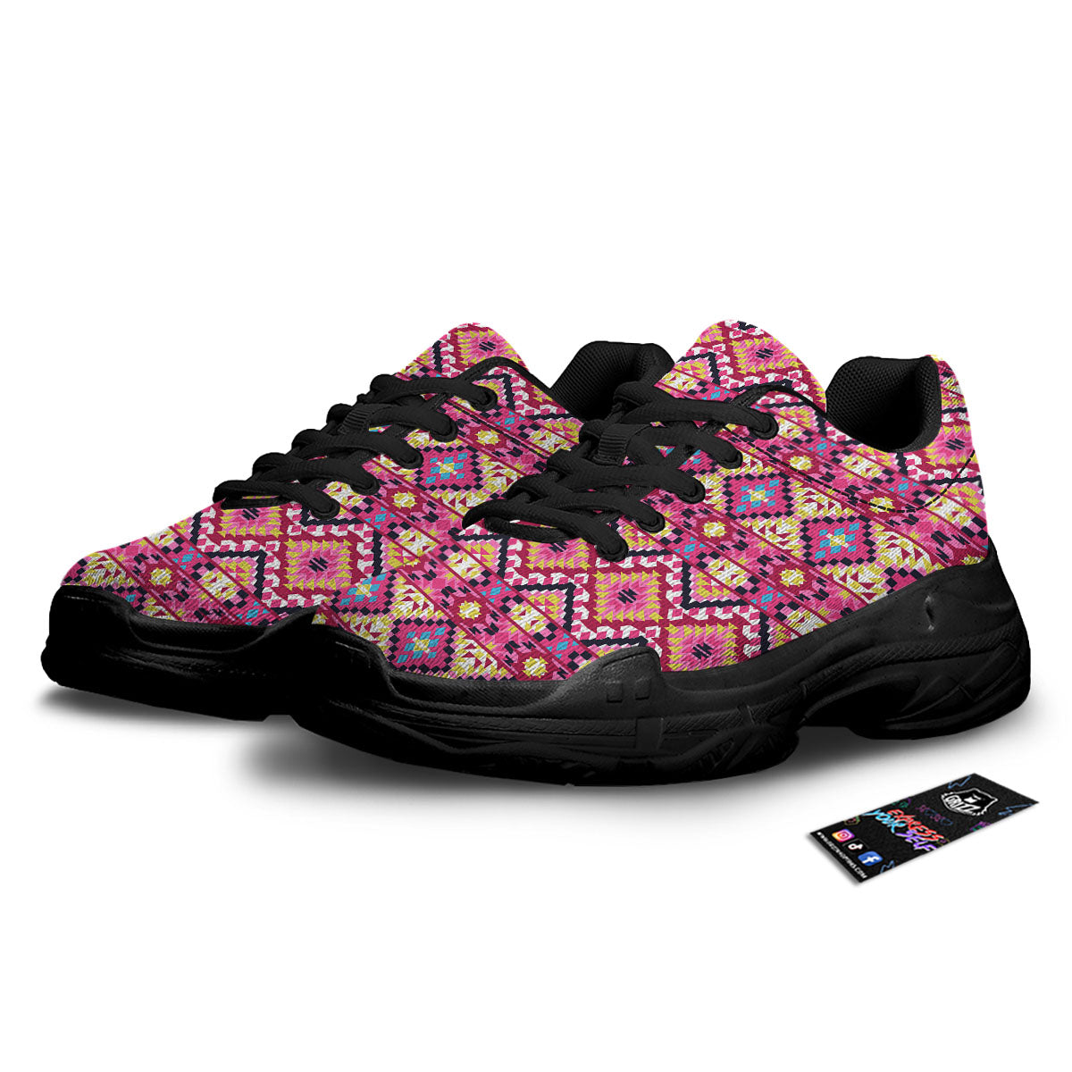 Geometric Ethnic Pink Aztec Print Pattern Black Chunky Shoes-grizzshop