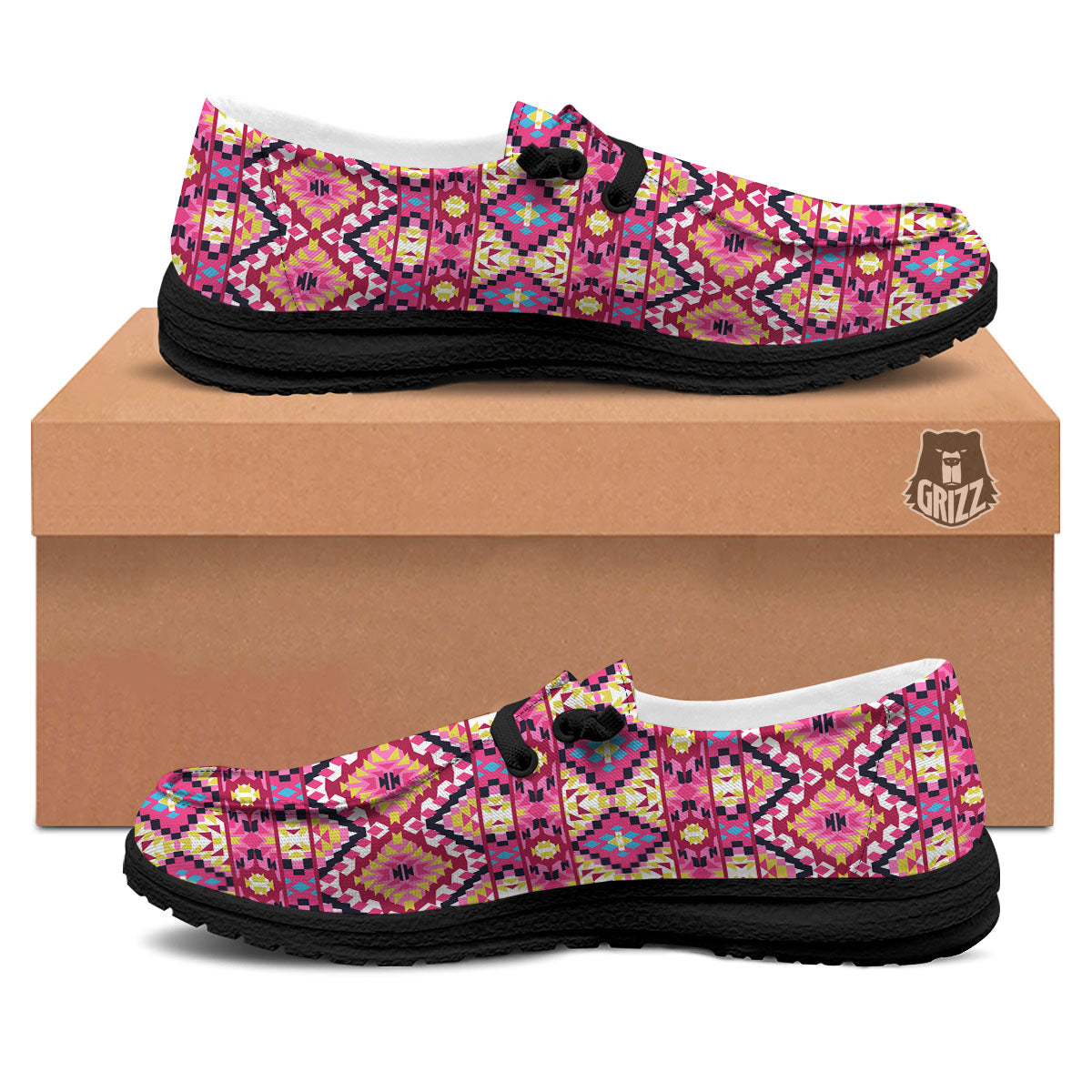 Geometric Ethnic Pink Aztec Print Pattern Black Loafers-grizzshop