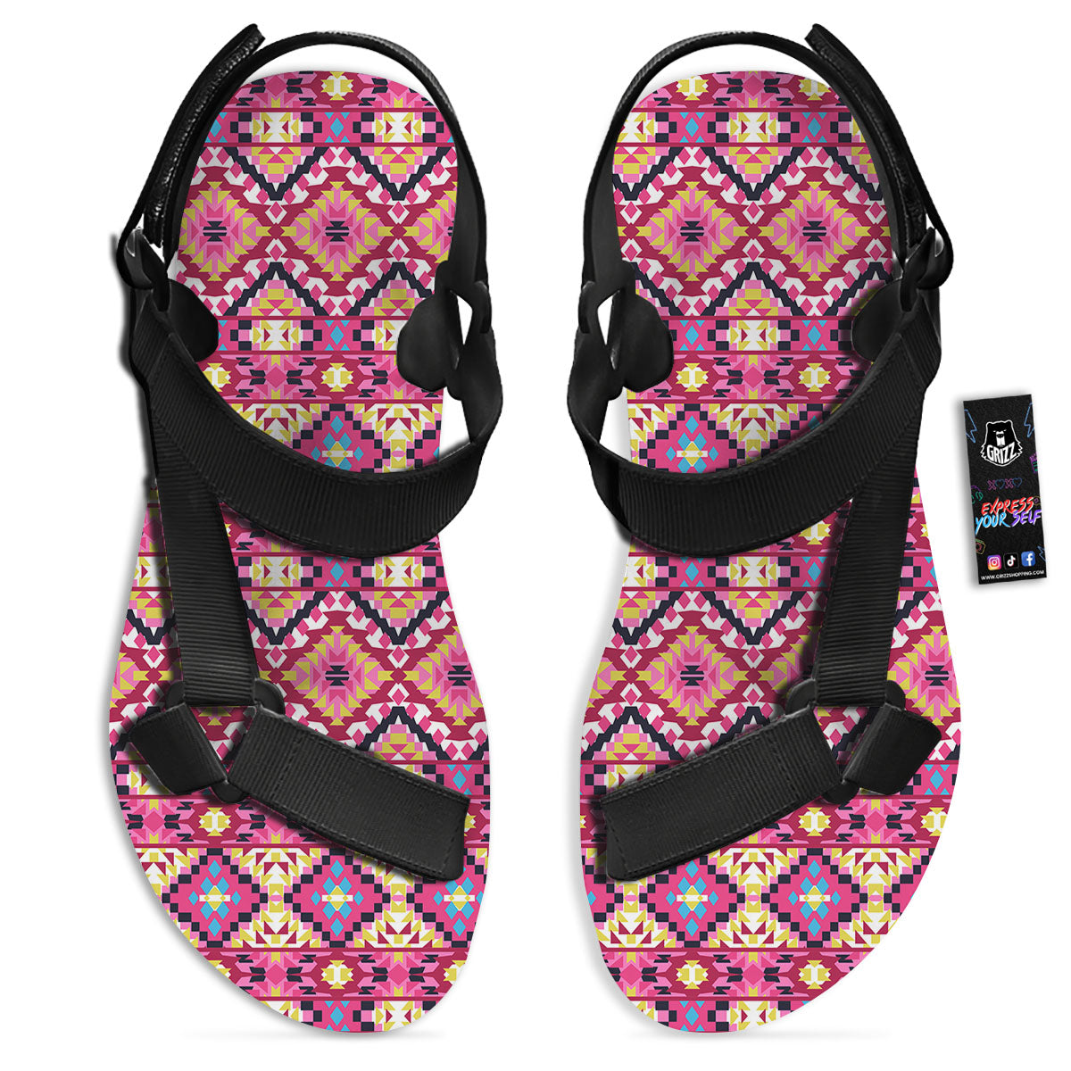 Geometric Ethnic Pink Aztec Print Pattern Black Open Toe Sandals-grizzshop