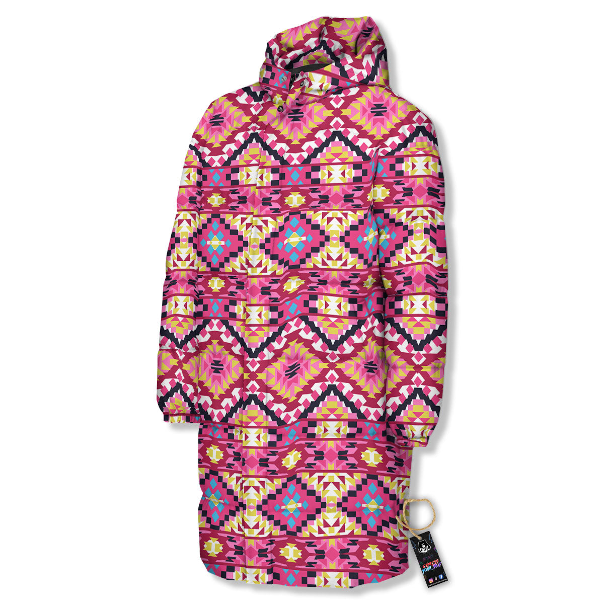 Geometric Ethnic Pink Aztec Print Pattern Long Down Jacket-grizzshop