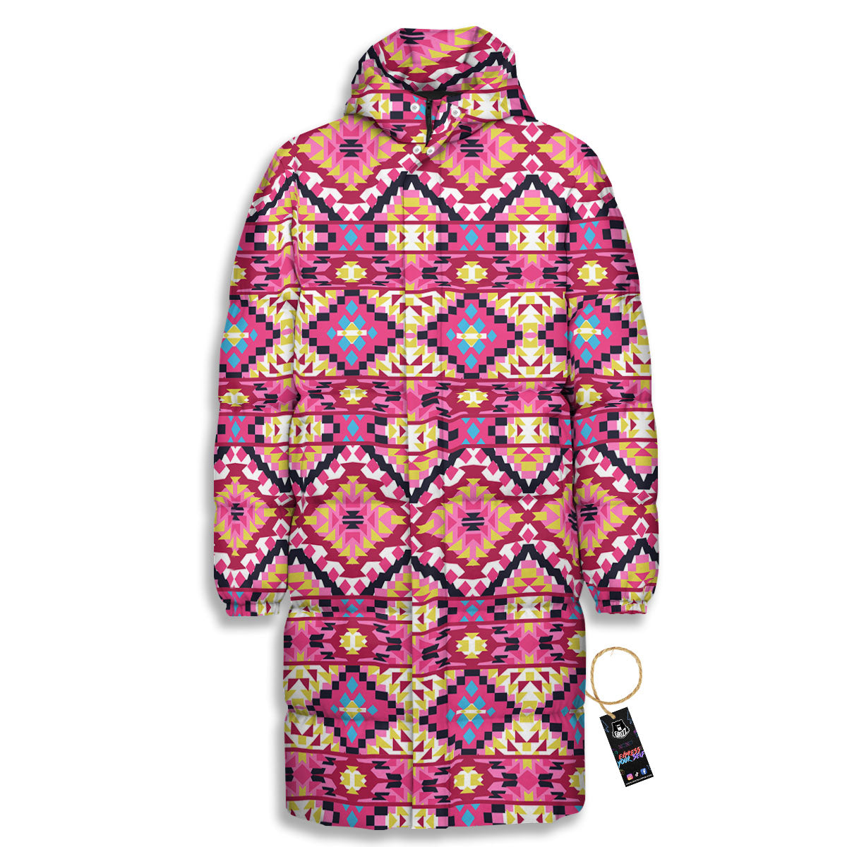 Geometric Ethnic Pink Aztec Print Pattern Long Down Jacket-grizzshop