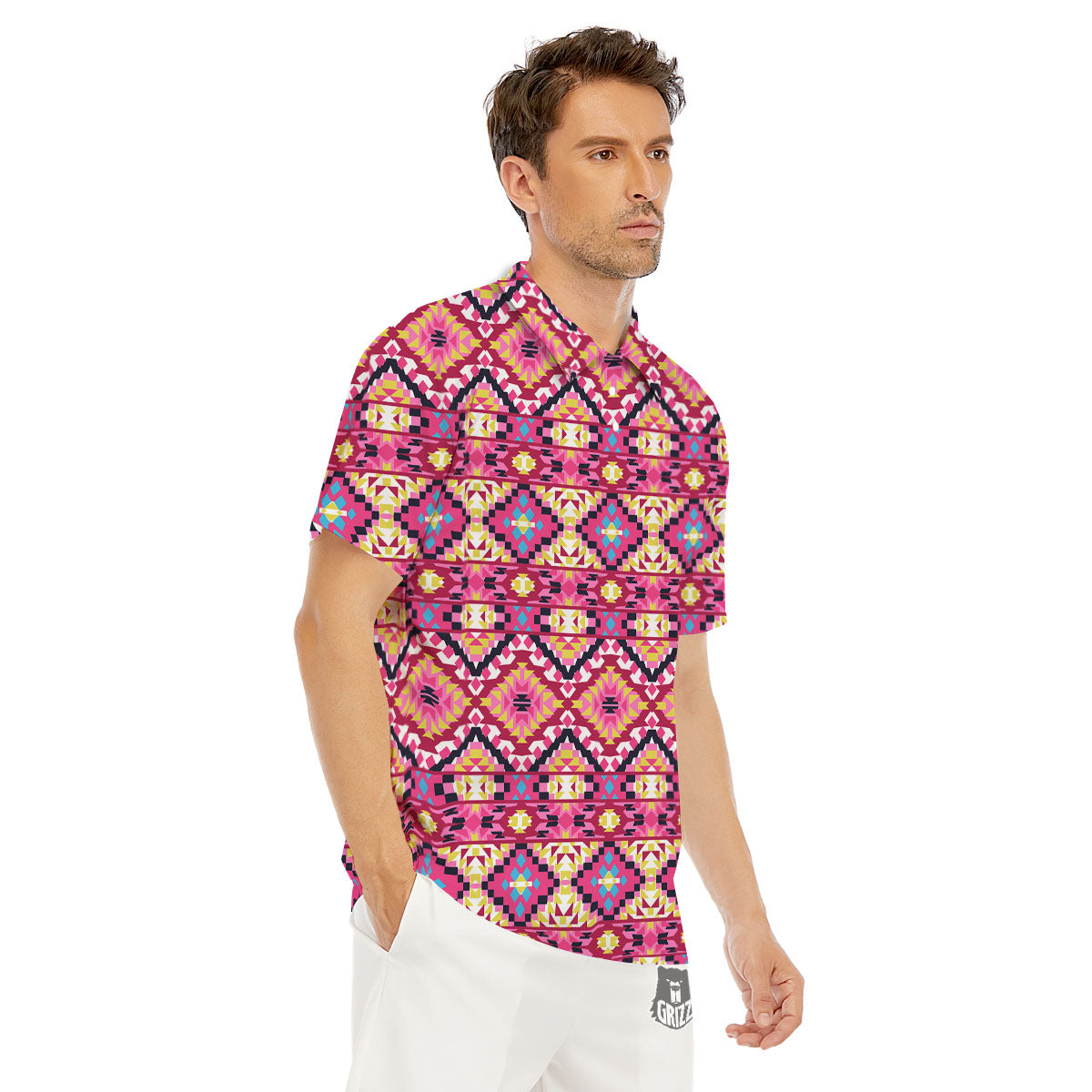 Geometric Ethnic Pink Aztec Print Pattern Men's Golf Shirts-grizzshop