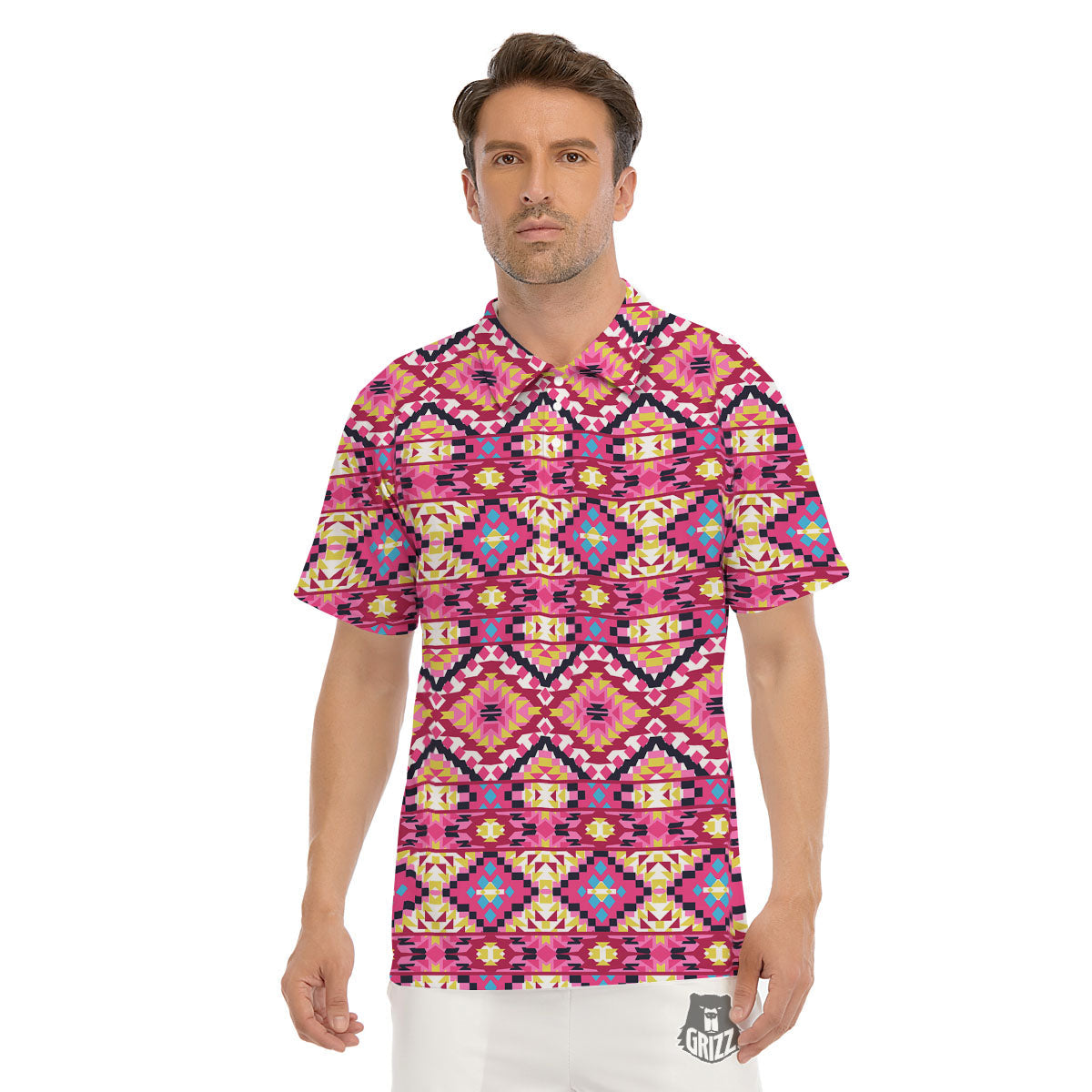 Geometric Ethnic Pink Aztec Print Pattern Men's Golf Shirts-grizzshop