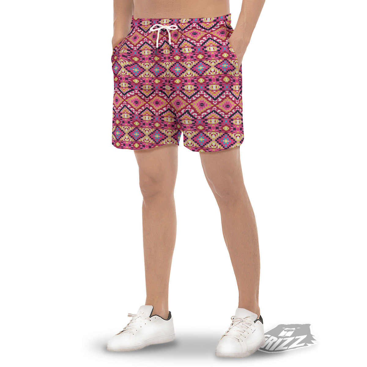 Geometric Ethnic Pink Aztec Print Pattern Men's Gym Shorts-grizzshop