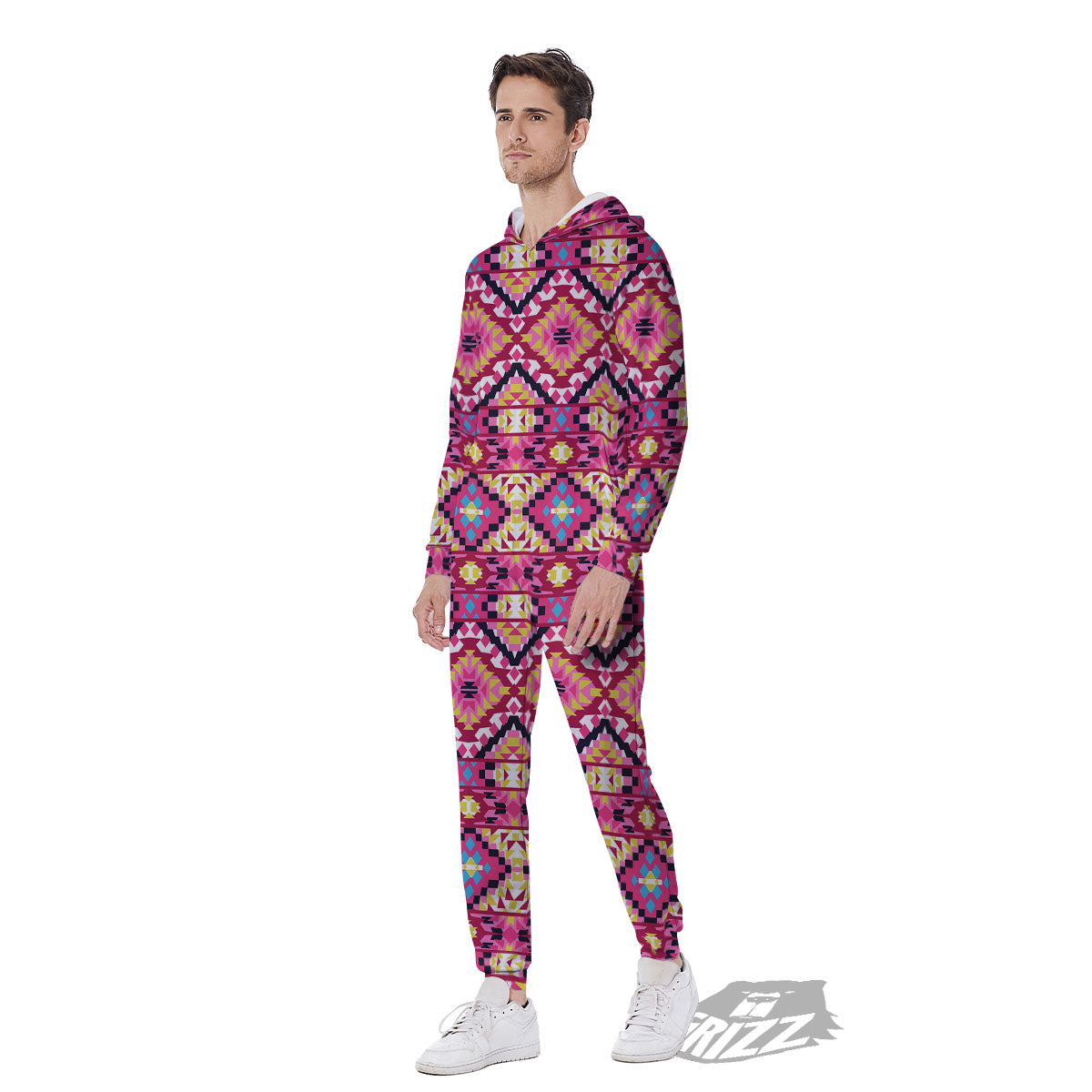 Geometric Ethnic Pink Aztec Print Pattern Men's Jumpsuit-grizzshop