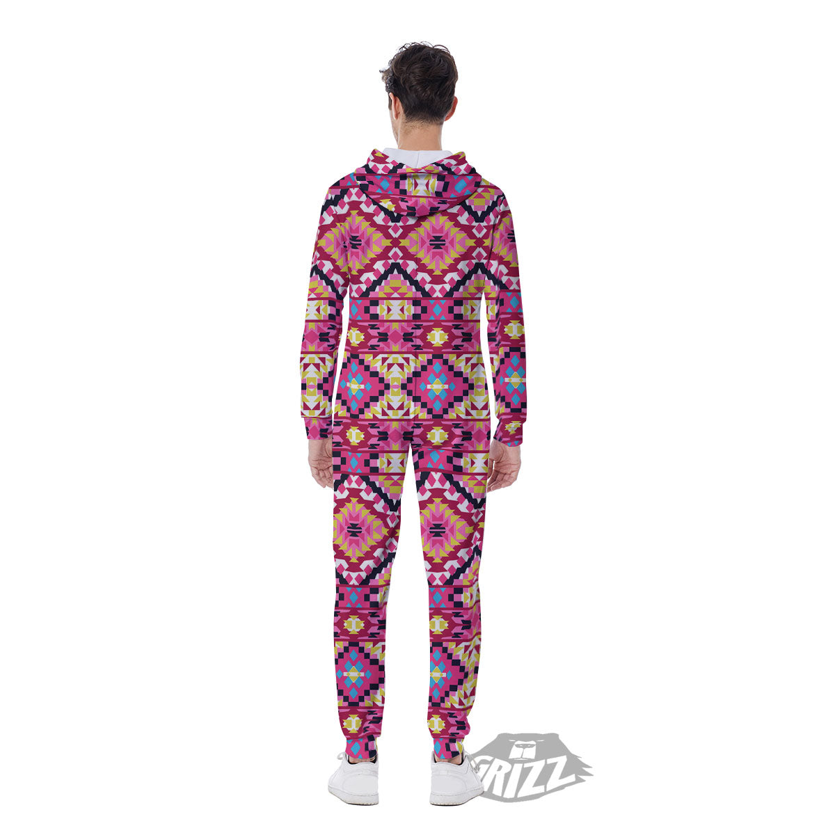Geometric Ethnic Pink Aztec Print Pattern Men's Jumpsuit-grizzshop