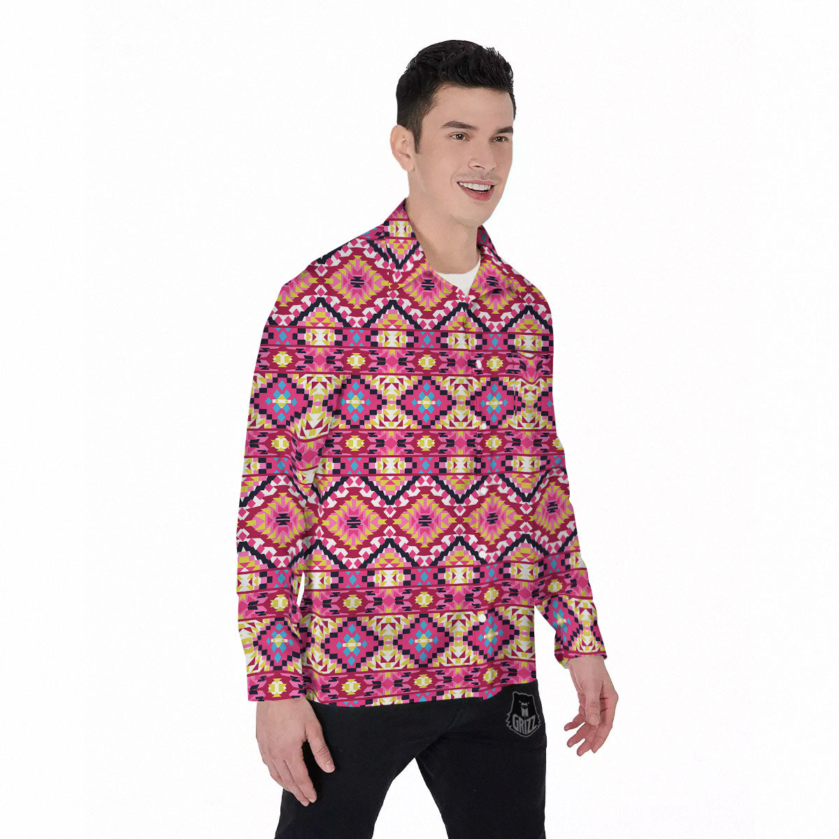 Geometric Ethnic Pink Aztec Print Pattern Men's Long Sleeve Shirts-grizzshop