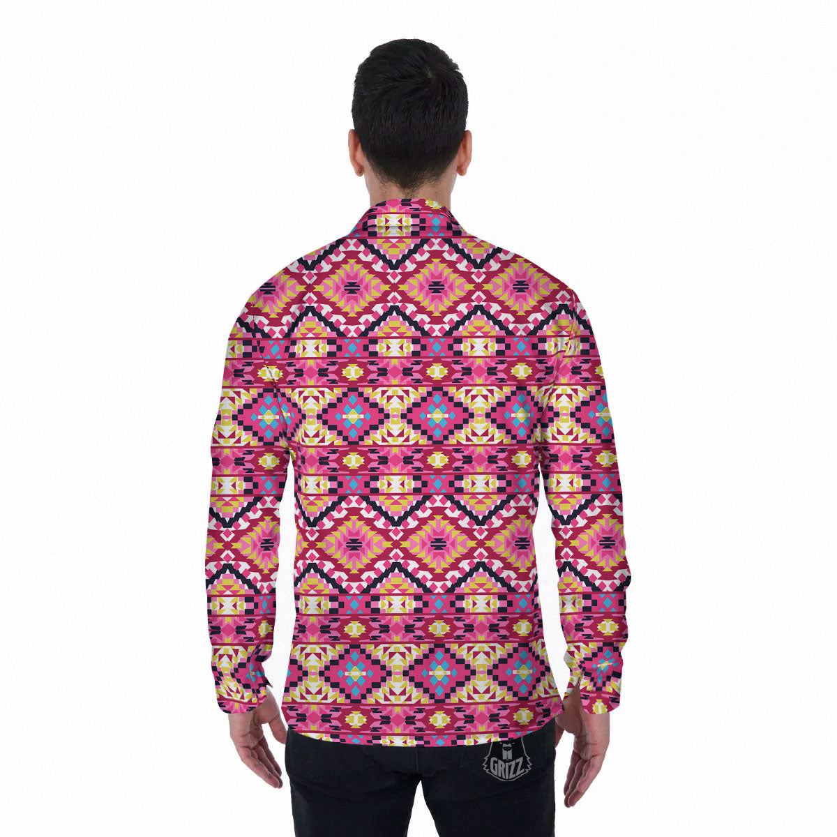 Geometric Ethnic Pink Aztec Print Pattern Men's Long Sleeve Shirts-grizzshop