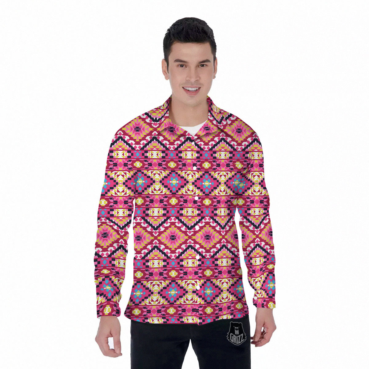 Geometric Ethnic Pink Aztec Print Pattern Men's Long Sleeve Shirts-grizzshop