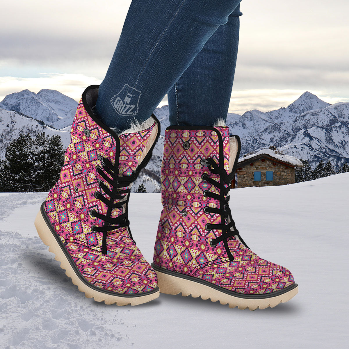 Geometric Ethnic Pink Aztec Print Pattern Snow Boots-grizzshop